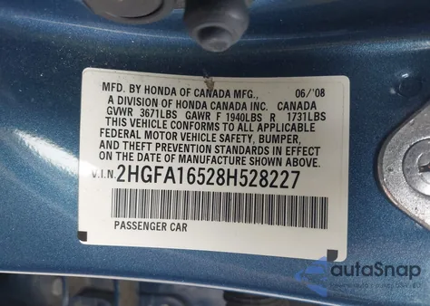 2008 Honda Civic Lx z USA, uszkodzony, nr VIN 2HGFA16528H528227